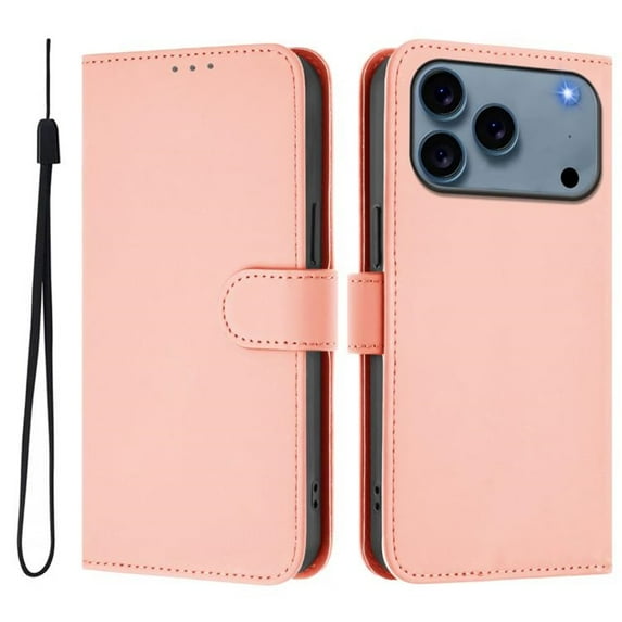 Wallet Case Compatible for iPhone 17 Pro, PU Leather Magnetic Closure Protective Flip Folio Case with 3 Card Holder and Wrist Strap Cover Women Men,Pink,For iPhone 17 Pro