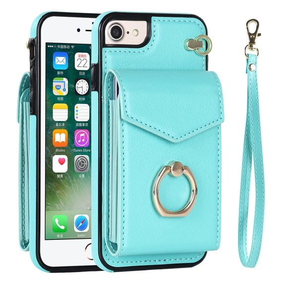 Wallet Case Compatible with iPhone 7/8/SE 2022 & 2020, Case with Card Holder,with a strap, RFID Blocking Leather Cover 360°Rotation Ring Kickstand Protective Bumper Designed for Phone,Mint