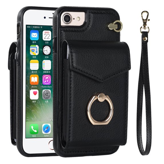 Wallet Case Compatible with iPhone 7/8/SE 2022 & 2020, Case with Card Holder,with a strap, RFID Blocking Leather Cover 360°Rotation Ring Kickstand Protective Bumper Designed for Phone,Black