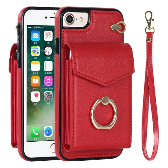 Wallet Case Compatible with iPhone 7/8/SE 2022 & 2020, Case with Card Holder,with a strap, RFID Blocking Leather Cover 360°Rotation Ring Kickstand Protective Bumper Designed for Phone,Red