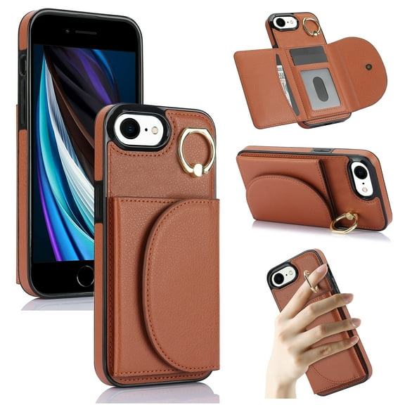 Wallet Case Compatible with iPhone 7 Plus / iPhone 8 Plus with Card Holder,RFID Blocking,360°Rotation Finger Ring Stand Leather Cover,Drop Protection with Magnetic Snap Phone Case, Brown
