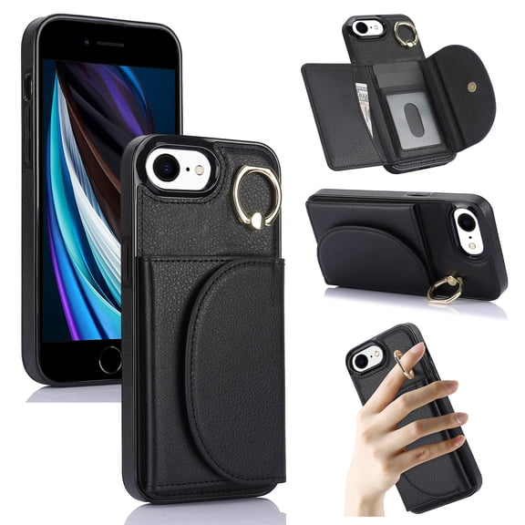 Wallet Case Compatible with iPhone 7 Plus / iPhone 8 Plus with Card Holder,RFID Blocking,360°Rotation Finger Ring Stand Leather Cover,Drop Protection with Magnetic Snap Phone Case, Black