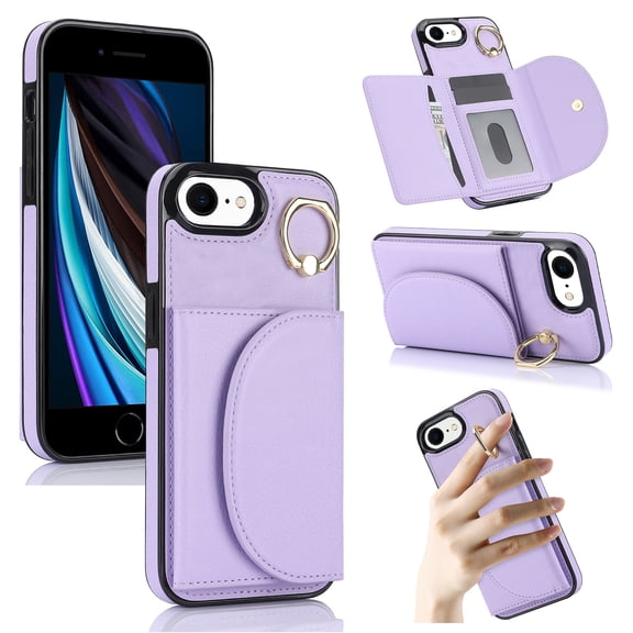 Wallet Case Compatible with iPhone 7 Plus / iPhone 8 Plus with Card Holder,RFID Blocking,360°Rotation Finger Ring Stand Leather Cover,Drop Protection with Magnetic Snap Phone Case, Purple