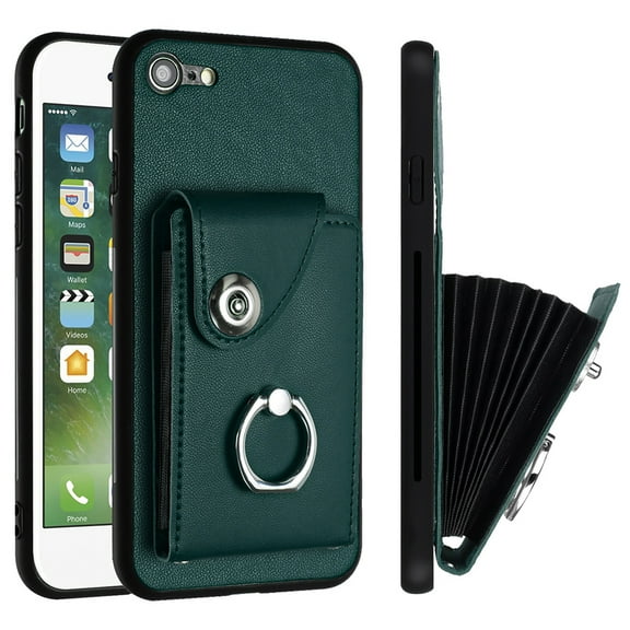 Wallet Case Compatible for iPhone 7 / iPhone 8 / iPhone SE 2022 & 2020 with Card Holder, Rotation Finger Ring Kickstand Card Slots Case, Classic PU Leather Shockproof Magnetic Button Cover, Green