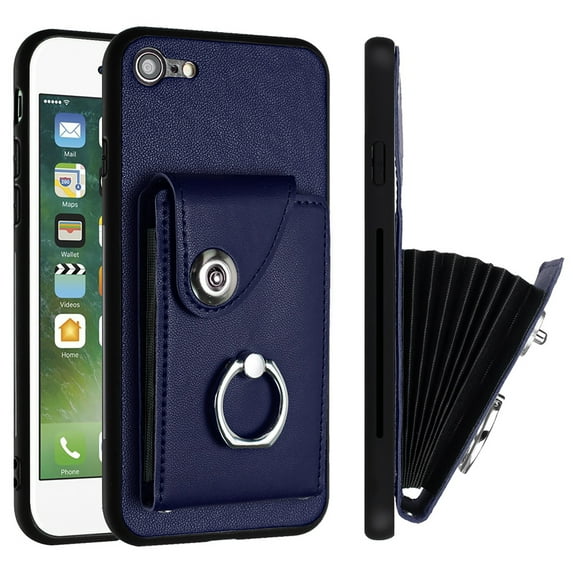 Wallet Case Compatible for iPhone 7 / iPhone 8 / iPhone SE 2022 & 2020 with Card Holder, Rotation Finger Ring Kickstand Card Slots Case, Classic PU Leather Shockproof Magnetic Button Cover, Blue