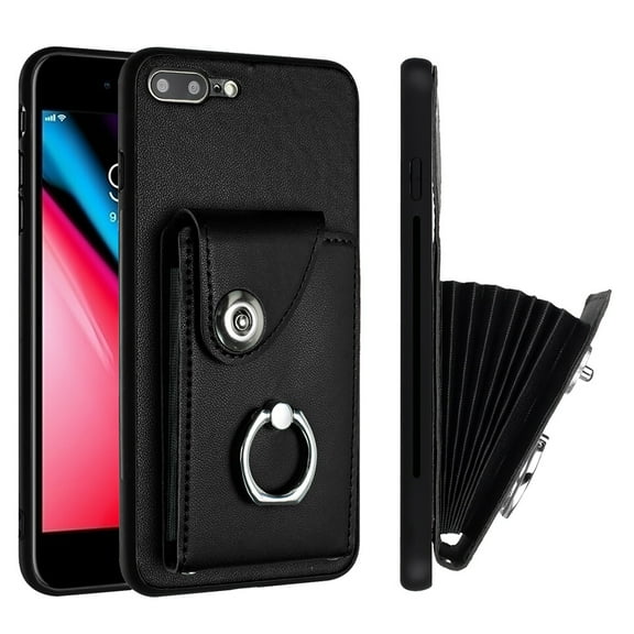 Wallet Case Compatible for iPhone 8 Plus / iPhone 7 Plus with Card Holder, Rotation Finger Ring Kickstand Card Slots Case, Classic PU Leather Shockproof Magnetic Button Cover, Black