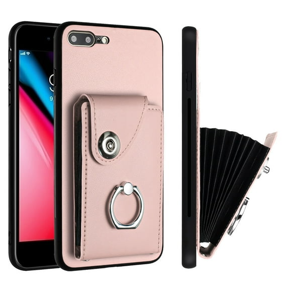 Wallet Case Compatible for iPhone 8 Plus / iPhone 7 Plus with Card Holder, Rotation Finger Ring Kickstand Card Slots Case, Classic PU Leather Shockproof Magnetic Button Cover, Pink