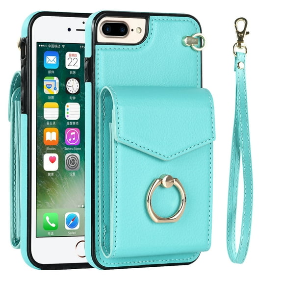Wallet Case Compatible with iPhone 8 Plus/7 Plus, Case with Card Holder,with a strap, RFID Blocking Leather Cover 360°Rotation Ring Kickstand Protective Bumper Designed for phone,Mint