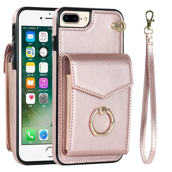 Wallet Case Compatible with iPhone 8 Plus/7 Plus, Case with Card Holder,with a strap, RFID Blocking Leather Cover 360°Rotation Ring Kickstand Protective Bumper Designed for phone,Rosegold