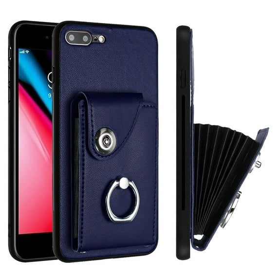 Wallet Case Compatible for iPhone 8 Plus / iPhone 7 Plus with Card Holder, Rotation Finger Ring Kickstand Card Slots Case, Classic PU Leather Shockproof Magnetic Button Cover, Blue
