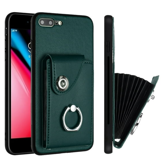 Wallet Case Compatible for iPhone 8 Plus / iPhone 7 Plus with Card Holder, Rotation Finger Ring Kickstand Card Slots Case, Classic PU Leather Shockproof Magnetic Button Cover, Green