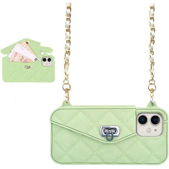 Wallet Case Compatible with iPhone Mini, Cute Light Luxury Bag Design, Purse Flip Card Pouch Cover Soft Silicone Case with Handstrap Long Shoulder Strap (Green, iPhone 12 Mini)