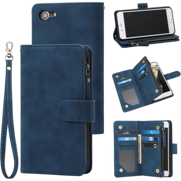 Wallet Case Compatible with iPhone SE 2022 5G, iPhone 7/8/SE 2020 (4.7 inch), RFID Blocking PU Leather Flip Folio with Wrist Strap [Kickstand] Protective Case for iPhone 7/8/SE 2/SE 3 -Blue