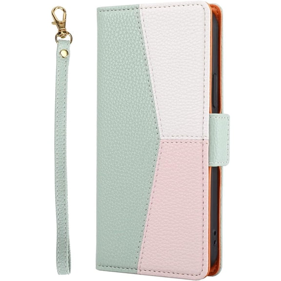 Wallet Case Compatible with iPhone SE 2022| SE 2020| 8| 7| 6 Flip Cover with Wrist Strap Card Holder, Stylish Color Block Design Protective Leather Folio Lanyard Case (Pink)