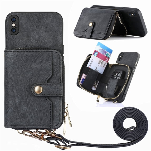 Wallet Case Compatible with iPhone X/XS, Classic PU Leather Zipper Pocket Car Key / Cash / Coin / Card Slots Shoulder Strap Kickstand Back Case for iPhone X/XS, Black