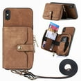thumbnail image 1 of Wallet Case Compatible with iPhone X/XS, Classic PU Leather Zipper Pocket Car Key / Cash / Coin / Card Slots Shoulder Strap Kickstand Back Case for iPhone X/XS, Brown, 1 of 10