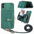 thumbnail image 1 of Wallet Case Compatible with iPhone X/XS, Classic PU Leather Zipper Pocket Car Key / Cash / Coin / Card Slots Shoulder Strap Kickstand Back Case for iPhone X/XS, Green, 1 of 10