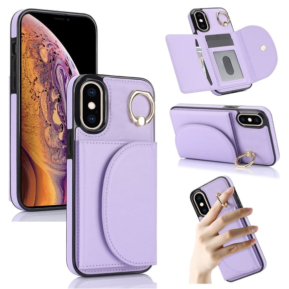 Wallet Case Compatible with iPhone X / iPhone XS 360° Rotation Finger Ring Holder RFID Blocking Premium Leather Case with Card Slots Folio Flip PU Durable for Men Women, Purple