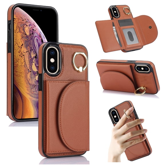 Wallet Case Compatible with iPhone X / iPhone XS with Card Holder,RFID Blocking,360°Rotation Finger Ring Stand Leather Cover,Drop Protection with Magnetic Snap Phone Case, Brown