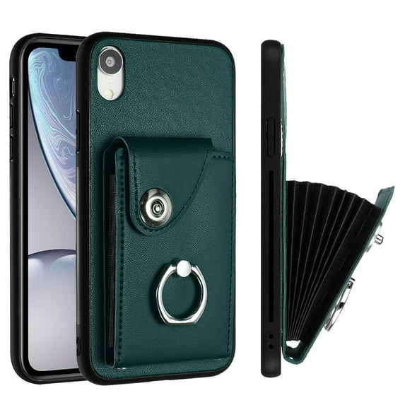 Wallet Case Compatible for iPhone XR with Card Holder, Rotation Finger Ring Kickstand Card Slots Case, Classic PU Leather Shockproof Magnetic Button Cover for iPhone XR, Green