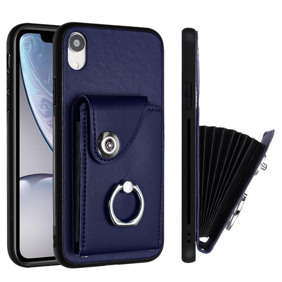 Wallet Case Compatible for iPhone XR with Card Holder, Rotation Finger Ring Kickstand Card Slots Case, Classic PU Leather Shockproof Magnetic Button Cover for iPhone XR, Blue