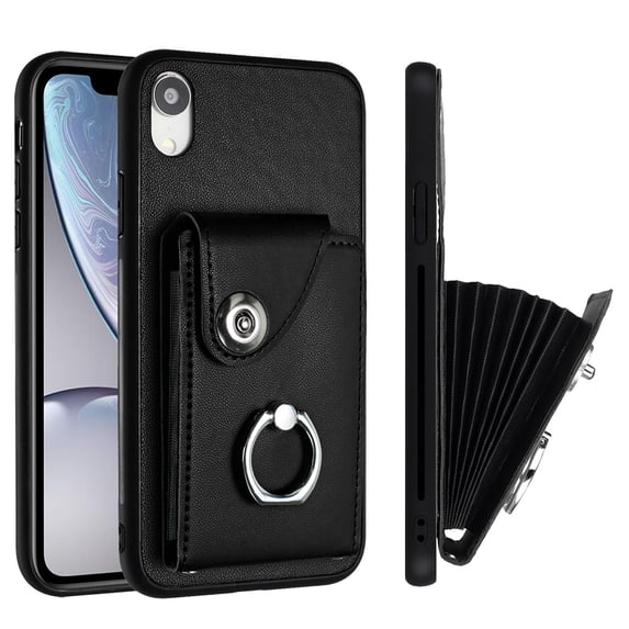 Wallet Case Compatible for iPhone XR with Card Holder, Rotation Finger Ring Kickstand Card Slots Case, Classic PU Leather Shockproof Magnetic Button Cover for iPhone XR, Black