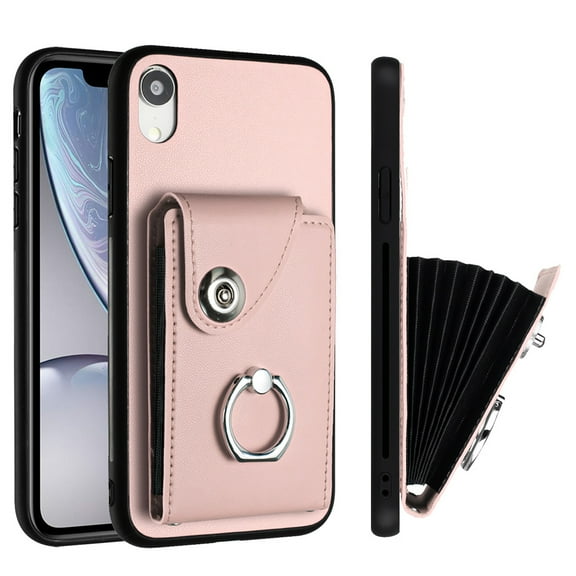 Wallet Case Compatible for iPhone XR with Card Holder, Rotation Finger Ring Kickstand Card Slots Case, Classic PU Leather Shockproof Magnetic Button Cover for iPhone XR, Pink