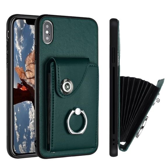 Wallet Case Compatible for iPhone XS Max with Card Holder, Rotation Finger Ring Kickstand Card Slots Case, Classic PU Leather Shockproof Magnetic Button Cover for iPhone XS Max, Green