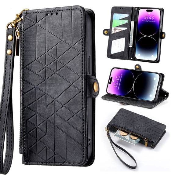 Wallet Case Compatible with iPhone XS Max, Detachable Wrist Strap PU Leather Card Slots Zipper Pocket Classic Kickstand Embossed Flip Case Cover for iPhone XS Max, Black