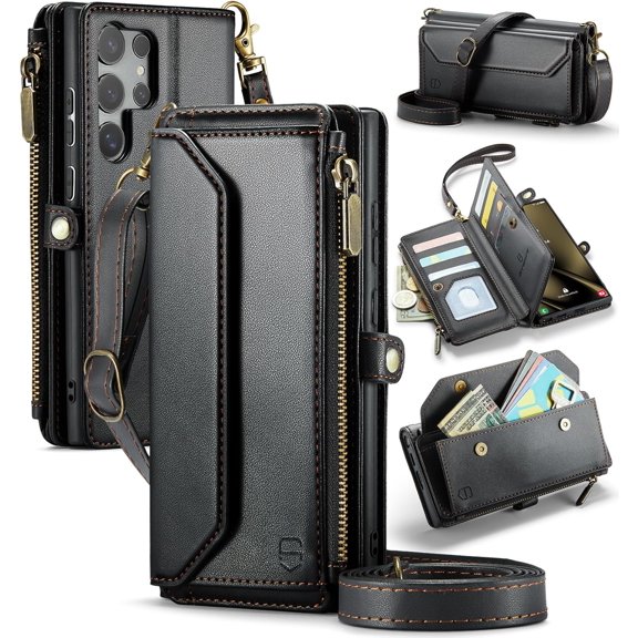 Wallet Case Compatible with Galaxy S25 Ultra 5G RFID Blocking 10-Card Holder Soft PU Leather Magnetic Snap Strap Zipper Pocket Phone Fit for -
