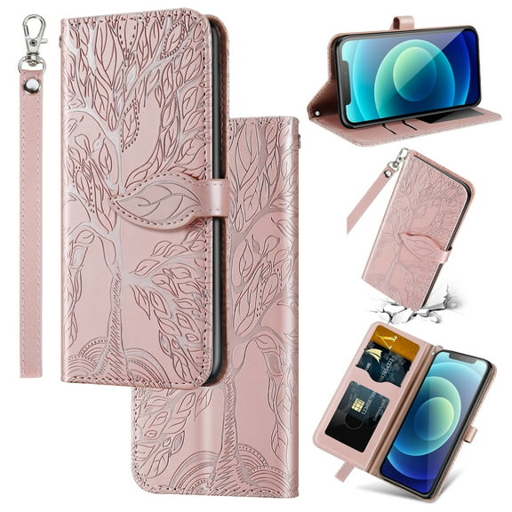 Wallet Case Designed for Apple iPhone 12 Pro Max - 6.7 inch for Women Men,Flip Folio Cover with Tree Embossed PU Leather Kickstand Credit Card Holder Slots Magnetic Wrist Strap Phone Case, Rosegold