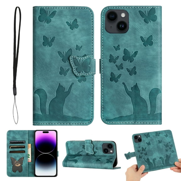Wallet Case Designed for Apple iPhone 13 - 6.1 inch for Women,Flip Folio Cover with Butterfly Embossed PU Leather Kickstand Credit Card Holder Slots Magnetic Wrist Strap Phone Case, Green