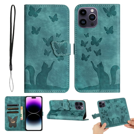 Wallet Case Designed for Apple iPhone 13 Pro - 6.1 inch for Women,Flip Folio Cover with Butterfly Embossed PU Leather Kickstand Credit Card Holder Slots Magnetic Wrist Strap Phone Case, Green