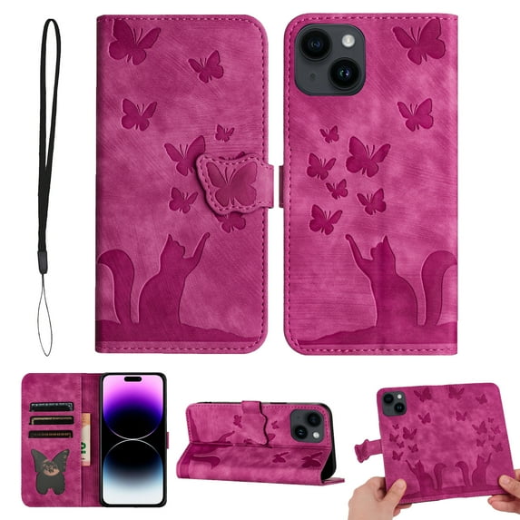 Wallet Case Designed for Apple iPhone 14 - 6.1 inch for Women,Flip Folio Cover with Butterfly Embossed PU Leather Kickstand Credit Card Holder Slots Magnetic Wrist Strap Phone Case, Rose