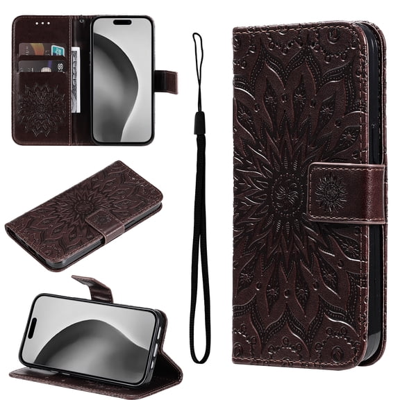 Wallet Case Designed for Google Pixel 6 Pro, Slim Sunflower Embossed Magnetic Closure Card Holder Slots PU Leather Flip Stand function Cover with Wrist Strap for Google Pixel 6 Pro,Brown