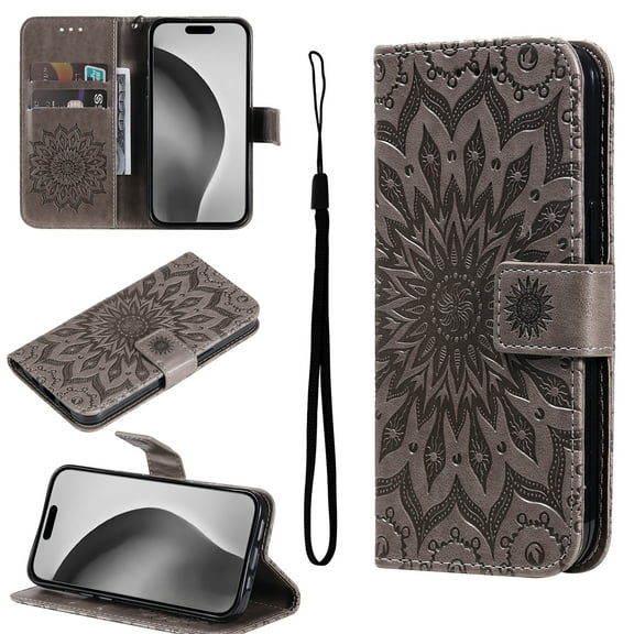 Wallet Case Designed for Google Pixel 6 Pro, Slim Sunflower Embossed Magnetic Closure Card Holder Slots PU Leather Flip Stand function Cover with Wrist Strap for Google Pixel 6 Pro,Gray