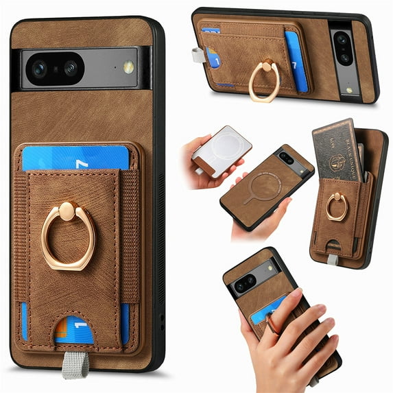 Wallet Case Designed for Google Pixel 7 with Detachable Card Holder, Rotation Ring Kickstand Case, Magnetic Vintage PU Leather Cover Compatible with MagSafe Shockproof Case for Google Pixel 7, Brown