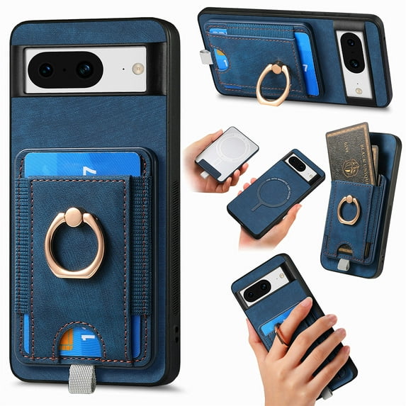 Wallet Case Designed for Google Pixel 8 with Detachable Card Holder, Rotation Ring Kickstand Case, Magnetic Vintage PU Leather Cover Compatible with MagSafe Shockproof Case for Google Pixel 8, Blue