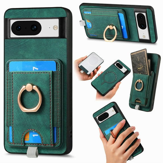 Wallet Case Designed for Google Pixel 8 with Detachable Card Holder, Rotation Ring Kickstand Case, Magnetic Vintage PU Leather Cover Compatible with MagSafe Shockproof Case for Google Pixel 8, Green