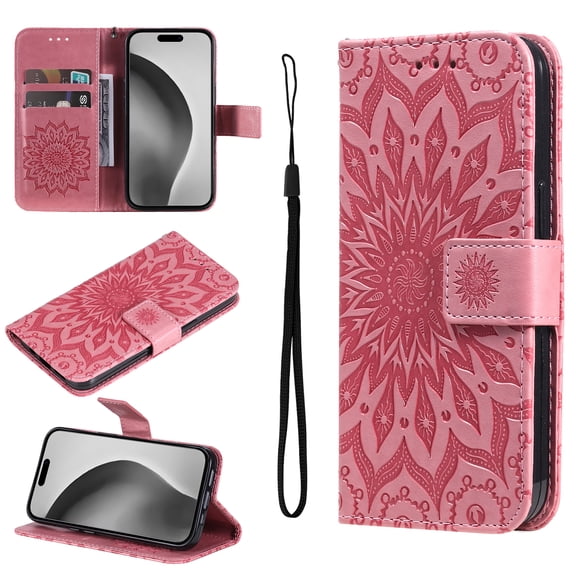 Wallet Case Designed for Google Pixel 9 / 9 Pro, Slim Sunflower Embossed Magnetic Closure Card Holder Slots PU Leather Flip Stand function Cover with Wrist Strap for Google Pixel 9 / 9 Pro,Pink