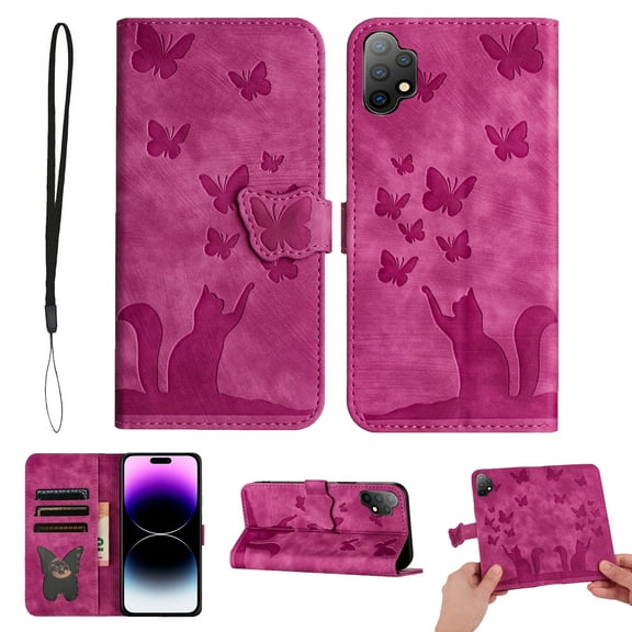 Wallet Case Designed for Samsung Galaxy A13 4G for Women,Flip Folio Cover with Butterfly Embossed PU Leather Kickstand Credit Card Holder Slots Magnetic Wrist Strap Phone Case, Rose