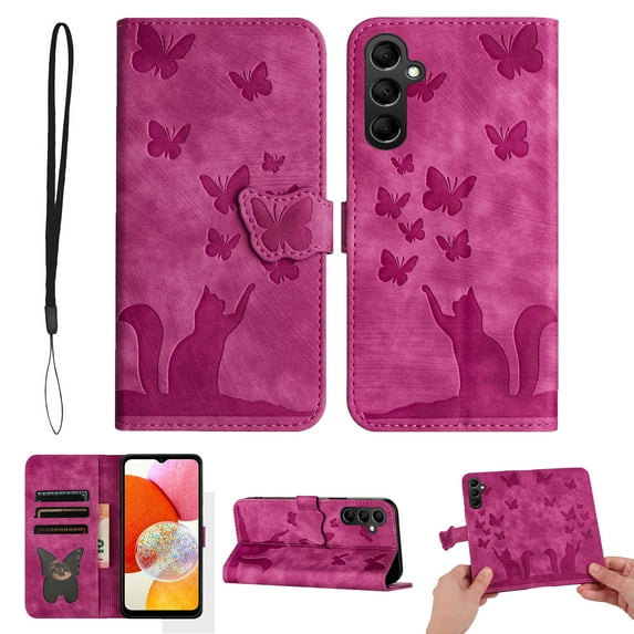 Wallet Case Designed for Samsung Galaxy A14 5G for Women,Flip Folio Cover with Butterfly Embossed PU Leather Kickstand Credit Card Holder Slots Magnetic Wrist Strap Phone Case, Rose