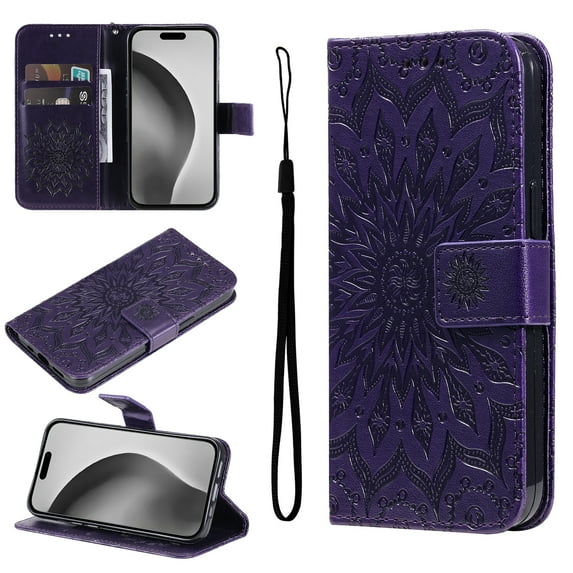 Wallet Case Designed for Samsung Galaxy A15, Slim Sunflower Embossed Magnetic Closure Card Holder Slots PU Leather Flip Stand function Cover with Wrist Strap for Samsung Galaxy A15,Purple