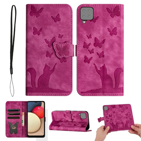 Wallet Case Designed for Samsung Galaxy A22 5G for Women,Flip Folio Cover with Butterfly Embossed PU Leather Kickstand Credit Card Holder Slots Magnetic Wrist Strap Phone Case, Rose