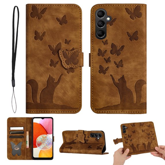 Wallet Case Designed for Samsung Galaxy A24 4G for Women,Flip Folio Cover with Butterfly Embossed PU Leather Kickstand Credit Card Holder Slots Magnetic Wrist Strap Phone Case, Brown