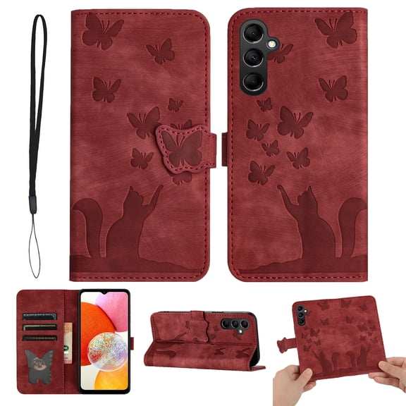 Wallet Case Designed For Samsung Galaxy A26 5G RFID Blocking Flip Folio Cover with Butterfly Embossed PU Leather Kickstand Credit Card Holder Slots Magnetic Wrist Strap Phone Case, Winered