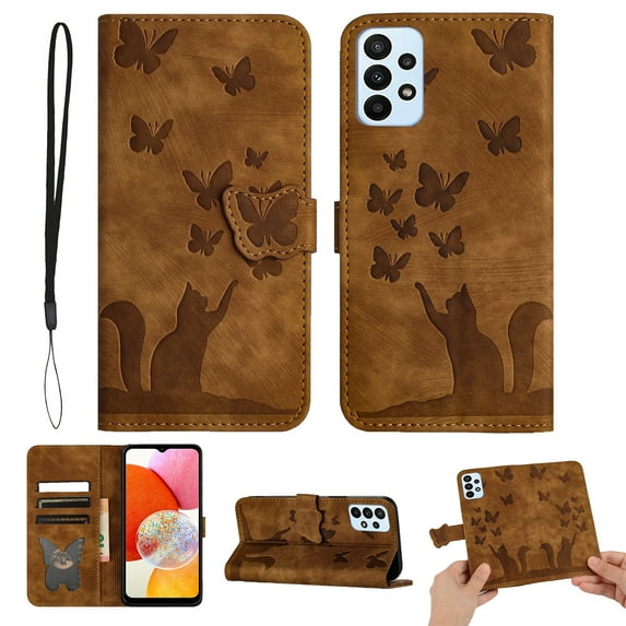 Wallet Case Designed for Samsung Galaxy A32 5G for Women,Flip Folio Cover with Butterfly Embossed PU Leather Kickstand Credit Card Holder Slots Magnetic Wrist Strap Phone Case, Brown