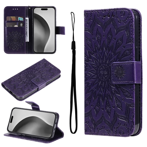 Wallet Case Designed for Samsung Galaxy A52, Slim Sunflower Embossed Magnetic Closure Card Holder Slots PU Leather Flip Stand function Cover with Wrist Strap for Samsung Galaxy A52,Purple