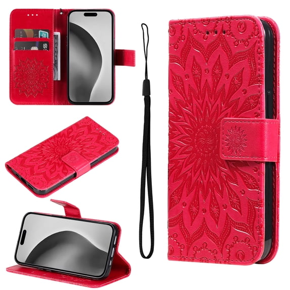 Wallet Case Designed for Samsung Galaxy A52, Slim Sunflower Embossed Magnetic Closure Card Holder Slots PU Leather Flip Stand function Cover with Wrist Strap for Samsung Galaxy A52,Red