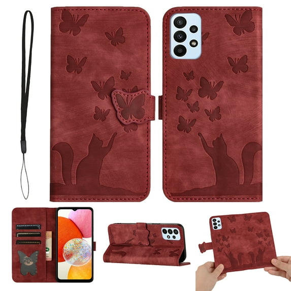 Wallet Case Designed for Samsung Galaxy A53 5G for Women,Flip Folio Cover with Butterfly Embossed PU Leather Kickstand Credit Card Holder Slots Magnetic Wrist Strap Phone Case, Winered